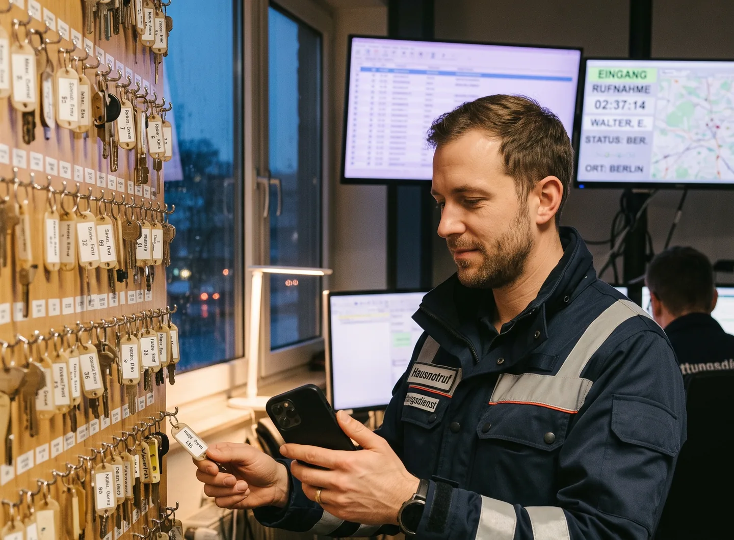Ein Mitarbeiter der Hausnotruf-Leitstelle scannt einen Schlüsselanhänger mit dem Smartphone, im Hintergrund Monitore